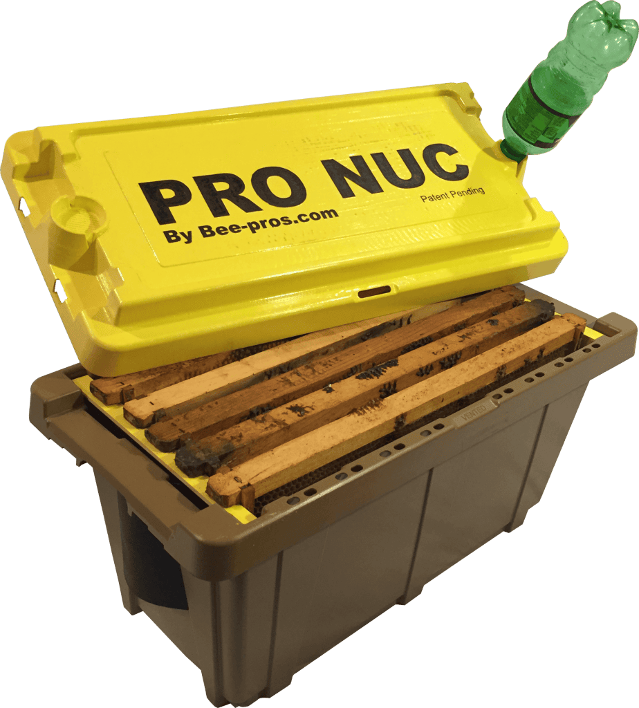 Pro Nuc Box holds 5 frames, has bottle feeders, adjustable vents